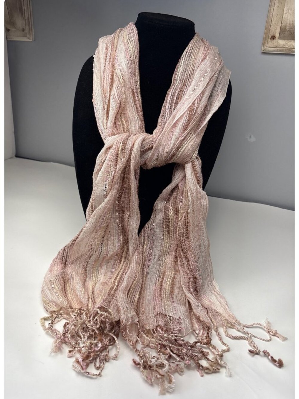 Womens Pink & Brown Sheer Woven Scarf Fringe Accents Lightweight 15"x64" Versati